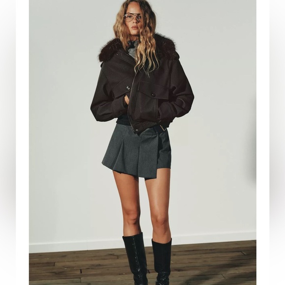 NWT Zara Faux Suede Jacket with Removable Faux Fur Collar Brown XS XL - Picture 4 of 12